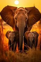 un adorable bébé l'éléphant est entouré par ses aimant famille mettant en valeur le fort liaison elles ou ils partager dans le vaste africain savane photo