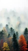 brumeux forêt pendant l'automne avec grand des arbres et multicolore feuilles, fournir ample copie espace ai génératif photo