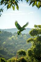 dense, vert émeraude jungle scène avec une vibrant perroquet en volant au milieu de le feuillage ai génératif photo