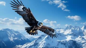 majestueux Aigle planant au dessus une parfait, enneigé Montagne intervalle en dessous de une bleu ciel ai génératif photo