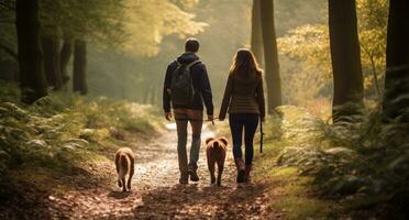 une couple et chien en marchant dans le forêt photo