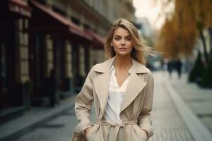 Jeune femme portant une beige manteau et en marchant sur une rue. photo