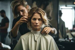 femme avoir une la Coupe de cheveux dans cheveux salon. photo