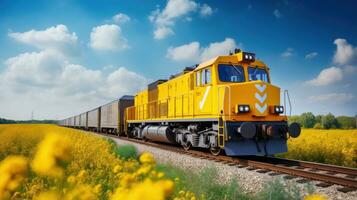 cargaison Jaune train. Naturel Contexte photo