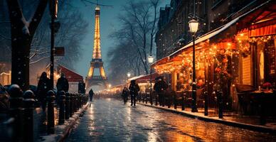 nuit neigeux Noël Paris, Nouveau année vacances, flou Contexte - ai généré image photo