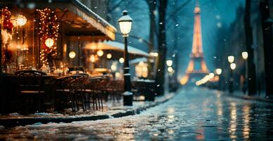 nuit neigeux Noël Paris, Nouveau année vacances, flou Contexte - ai généré image photo