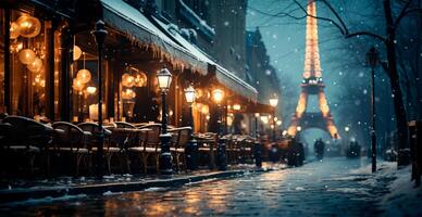 nuit neigeux Noël Paris, Nouveau année vacances, flou Contexte - ai généré image photo