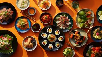 aérien instantané de international cuisine Sushi Pâtes et tacos sur une coloré nappe de table ai génératif photo