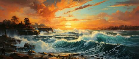 magnifique paysage marin avec vagues à le coucher du soleil. numérique pétrole Couleur La peinture illustration. ai généré. photo
