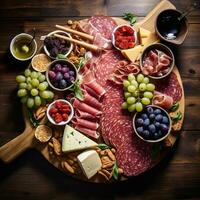 yeux d'oiseau vue de gourmet charcuterie planche avec viandes les fromages des fruits et des noisettes ai génératif photo