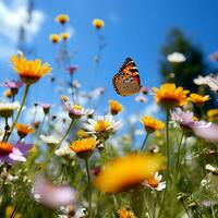 groupe de papillons flottant plus de une Prairie de fleurs sauvages en dessous de une sans nuages bleu ciel ai génératif photo