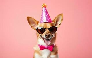 mignonne chien dans fête chapeau, arc attacher et des lunettes de soleil plus de rose arrière-plan, anniversaire bannière, marrant animal de compagnie célébrer, ai génératif photo