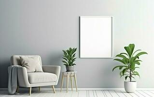 vide Cadre sur le gris mur avec copie espace dans le vivant pièce avec une confortable beige fauteuil, vert les plantes sur le sol côté, café tableau. ai génératif photo