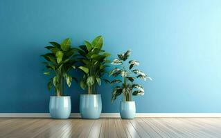 le intérieur mis en pot les plantes décoration dans moderne pièce avec une en bois sol et bleu mur. ai génératif photo