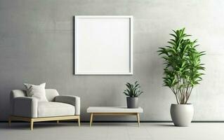 vide Cadre sur le gris mur avec copie espace dans le vivant pièce avec une blanc rétro fauteuil, vert les plantes sur le sol côté, café tableau. ai génératif photo