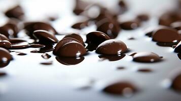 dynamique Capturer de épars Chocolat gouttes sur brillant réfléchissant surface ai génératif photo