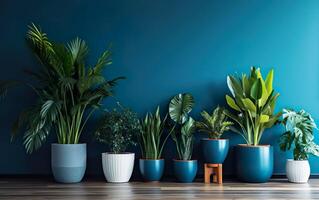 le intérieur mis en pot les plantes décoration dans moderne pièce avec une en bois sol et bleu mur. ai génératif photo