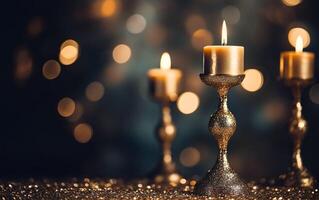 proche en haut de Trois d'or brûlant bougies dans ancien chandeliers sur le en bois table avec pétillant briller. ai génératif. copie espace. flou Noël lumière Contexte photo