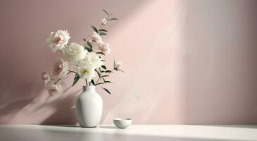 blanc céramique vase avec épanouissement fleurs branches dans lumière du soleil de fenêtre sur pastel rose gris mur ombre sur blanc sol pour décoration, luxe cosmétique soin de la peau beauté produit afficher, ai génératif photo