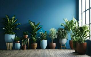 le intérieur mis en pot les plantes décoration dans moderne pièce avec une en bois sol et bleu mur. ai génératif photo