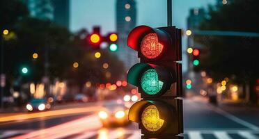 une circulation lumière à une rue carrefour avec une magnifique bokeh ville et voitures dans le Contexte. génératif ai photo