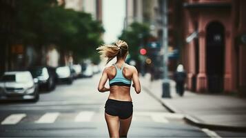 Matin élan, femme énergique courir par le ville rue à lever du soleil. génératif ai photo