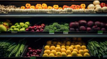 abondance de Frais des fruits et des légumes dans supermarché affiche. génératif ai photo