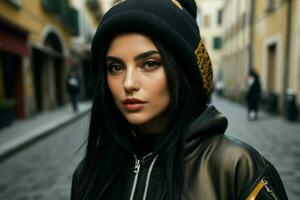 portrait de une femme dans vêtement de rue sur le rue. pro photo