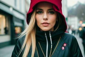 portrait de une femme dans vêtement de rue sur le rue. pro photo