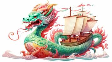 là est une dragon cette est séance sur une bateau dans le l'eau. génératif ai. photo