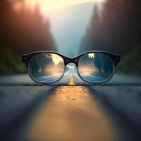 une paire de des lunettes de soleil reflétant route dans le réflexion des lunettes sur le sol ai génératif photo