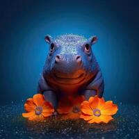 une hippopotame séance sur table avec fleurs ai génératif photo