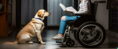 fille dans fauteuil roulant en train de lire livre. aux côtés de sa fidèle un service chien. génératif ai photo