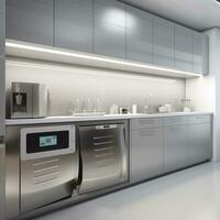 là est une cuisine avec une inoxydable acier réfrigérateur et une lave-vaisselle. génératif ai. photo