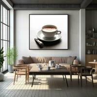 là est une café tasse et soucoupe sur une table dans une vivant chambre. génératif ai. photo