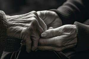 un vieux couple en portant le mains ai génératif photo