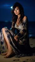 une femme séance sur plage à nuit avec sa jambes franchi et robe écoulement plus de corps ai génératif photo