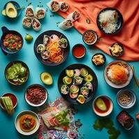 un international le banquet de au-dessus de, une unificateur propager de Sushi, Pâtes, et tacos sur une vibrant nappe de table ai génératif photo