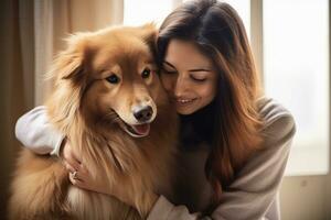 portrait de homme et femme étreindre mignonne chien. animal de compagnie concept photo