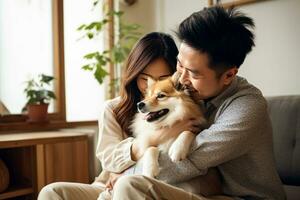 portrait de homme et femme étreindre mignonne corgi chien. animal de compagnie concept photo