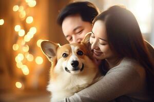 portrait de homme et femme étreindre mignonne corgi chien. animal de compagnie concept photo