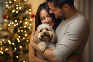 portrait de homme et femme étreindre mignonne shih tzu chien. animal de compagnie concept photo