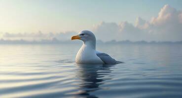 une solitaire mouette nage dans une calme mer réaliste. ai génération photo