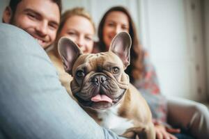 portrait de homme et femme étreindre mignonne français bouledogue. animal de compagnie concept photo