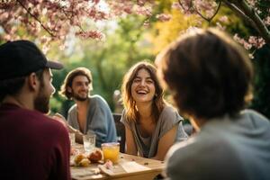 copains partage rire et repas en dessous de le canopée de épanouissement des arbres dans une printemps jardin ai génératif photo