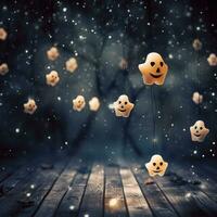 moderne Halloween scène avec flottant des fantômes, scintillement étoiles, et une croustillant lumineux essence ai génératif photo