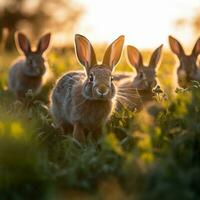 une famille de sauvage lapins profiter le heure d'or vue dans une herbeux champ ai génératif photo