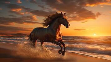 dynamique image de une cheval galopant à travers une sablonneux plage contre une étourdissant le coucher du soleil ai génératif photo