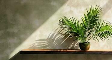 gris ciment mur et sol, paume arbre dans vase dans une lumière du soleil, ombre, rayons de soleil effet de fenêtre, pour luxe intérieur conception décoration, produit afficher Contexte. ai génératif photo