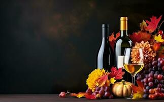 l'automne encore la vie composition avec du vin bouteille et lunettes, fleurs, les pompages, et grain de raisin sur le en bois tableau. copie espace. foncé flou Contexte. ai génératif photo